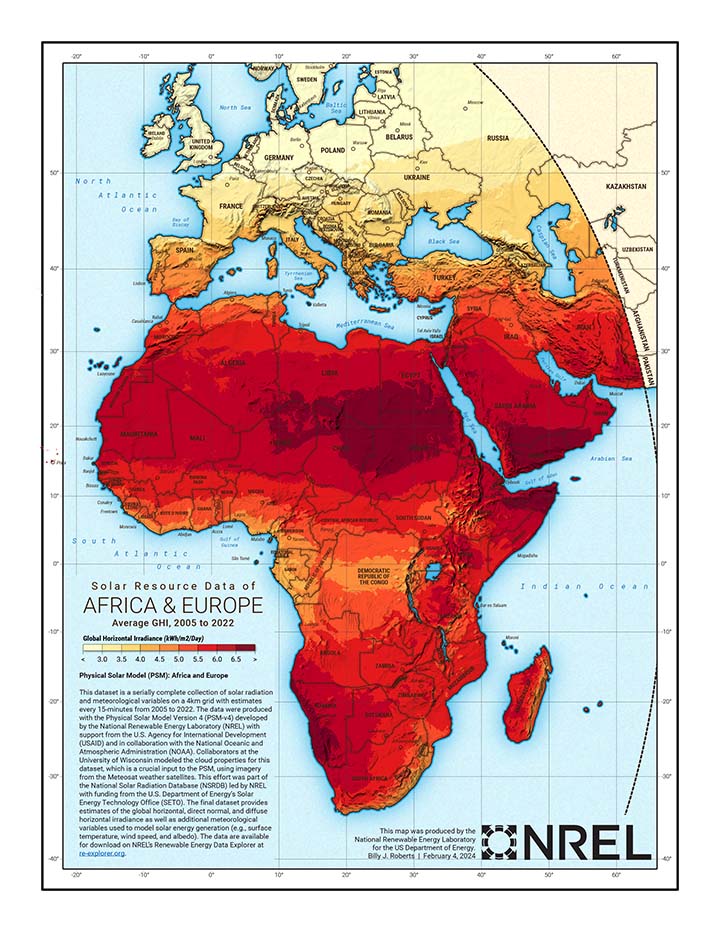 A map of solar irradiance covering all of Africa, the Arabian Peninsula, and Europe.