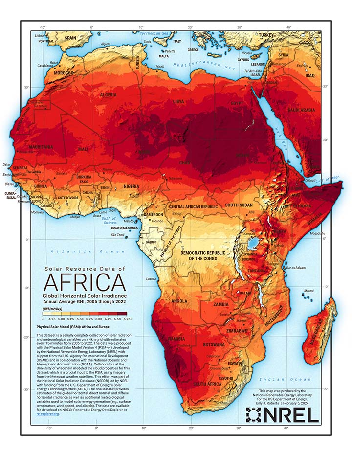 A map of solar irradiance for the continent of Africa.