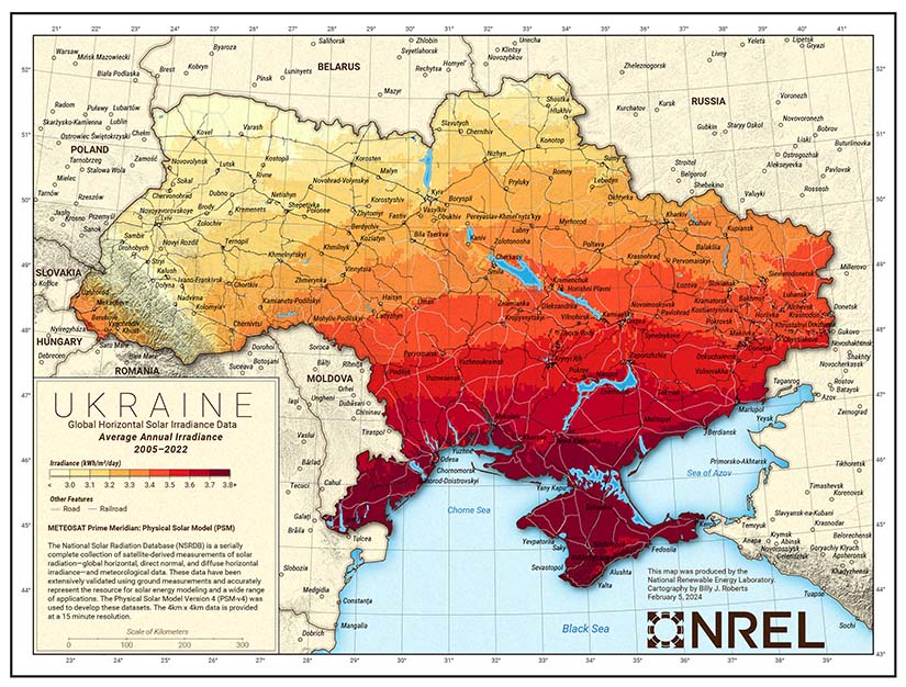 A map of solar irradiance in Ukraine.