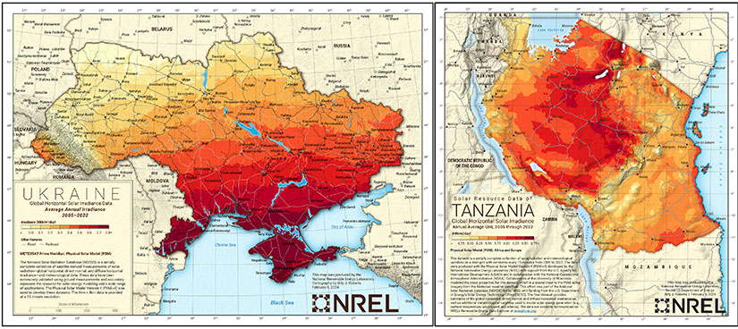 Solar resource maps for Tanzania and Ukraine.