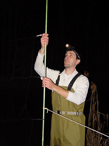 A person wearing a headlamp and holding a pole at nighttime.
