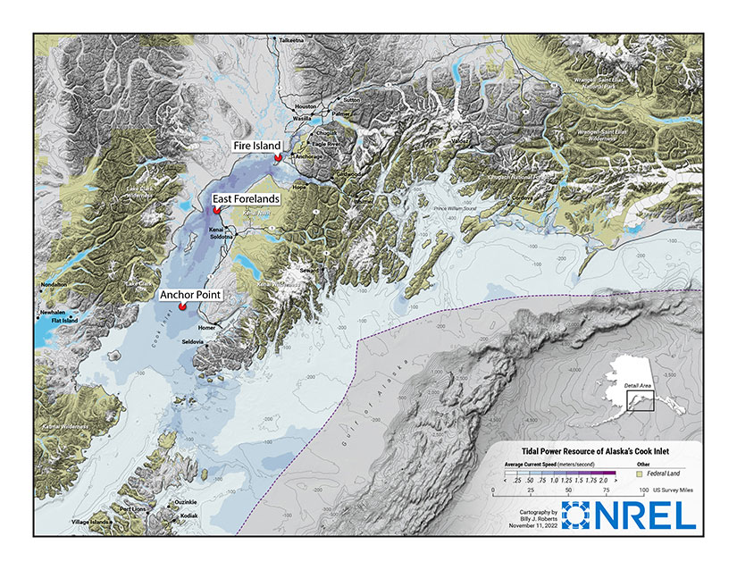 Un mapa de la ensenada de Cook en Alaska que muestra las velocidades promedio de las corrientes, superiores a 1 metro por segundo desde el centro de la ensenada y hasta Anchorage, y tres emplazamientos de plantas