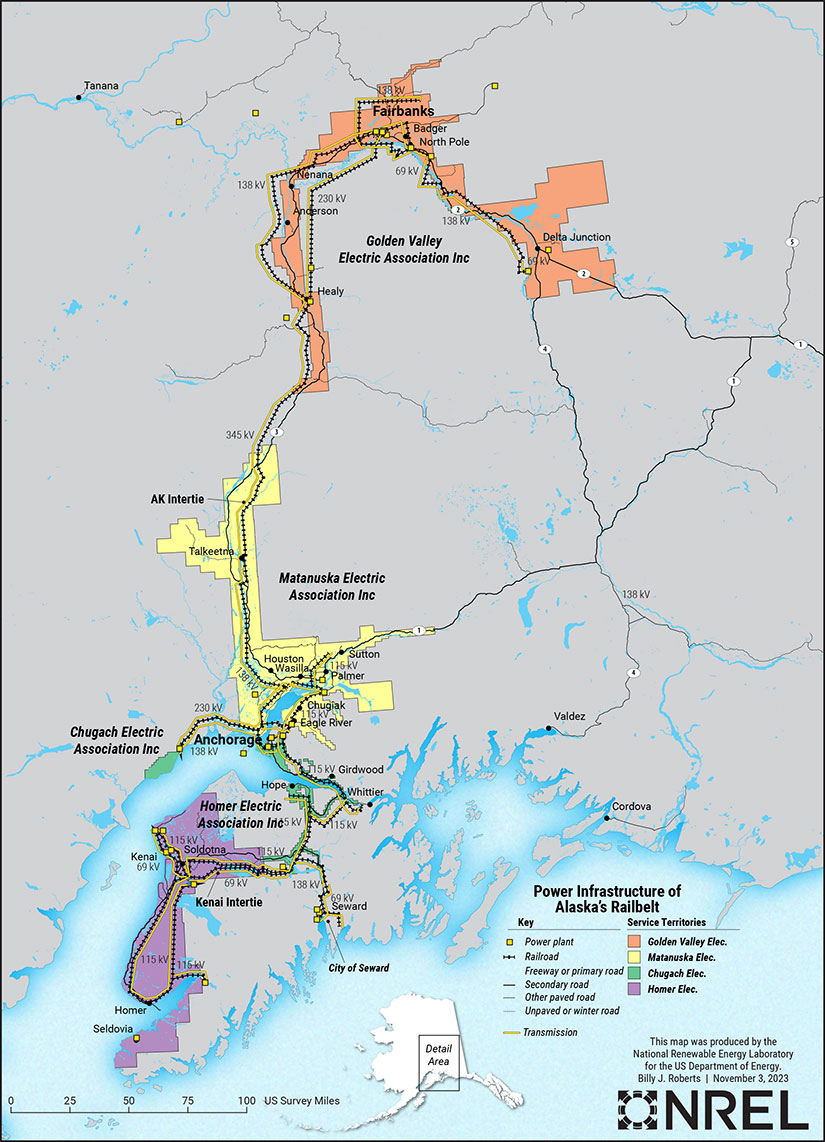 Un mapa de Alaska que muestra cómo la red Railbelt se extiende desde la península de Kenai en el sur de Alaska hasta Fairbanks en el norte