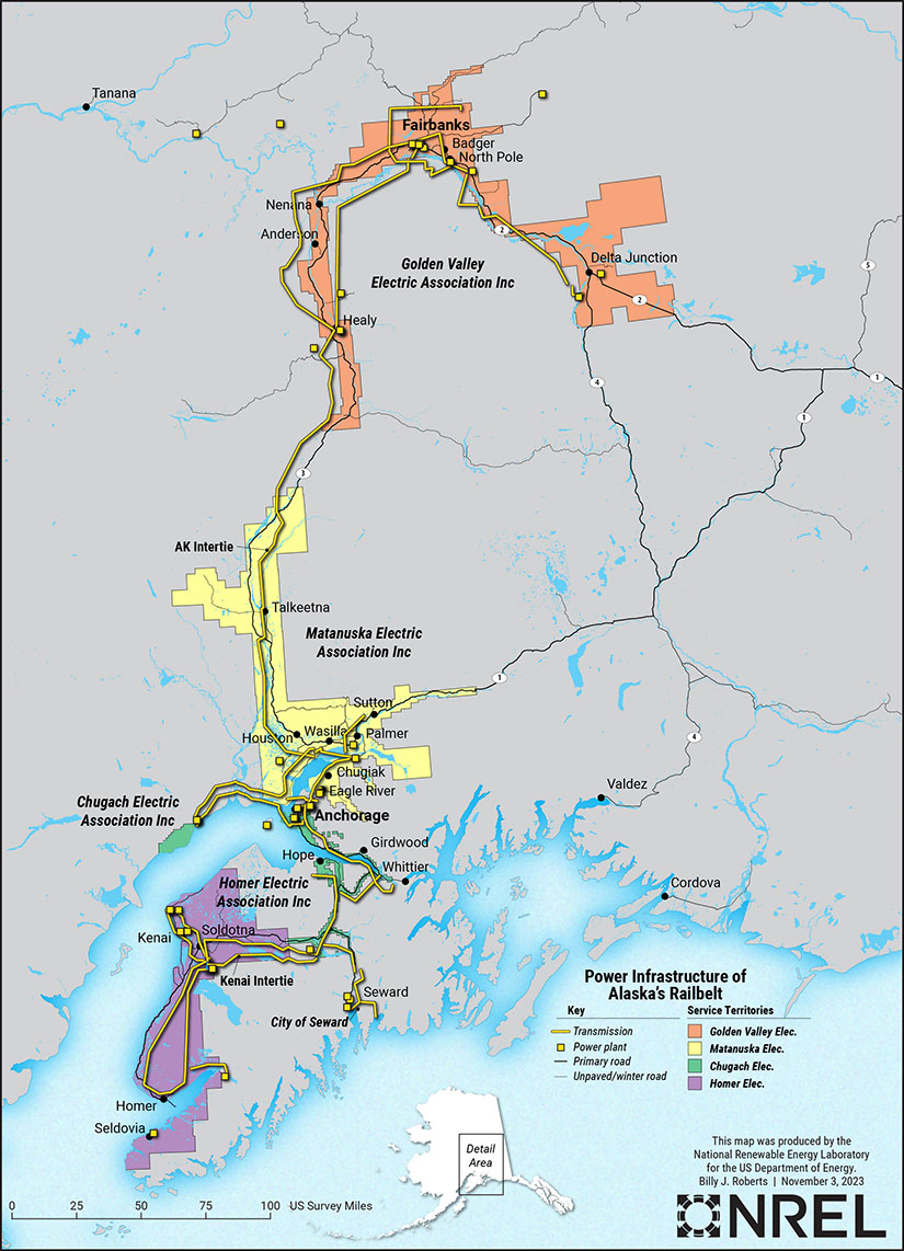 A map of Alaska showing how the Railbelt grid extends from the Kenai Peninsula in Southcentral Alaska to Fairbanks in the Interior