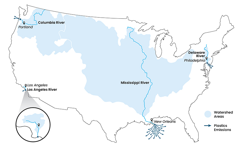 A map of the United States with Columbia, Delaware, Los Angeles, and Mississippi rivers highlighted.