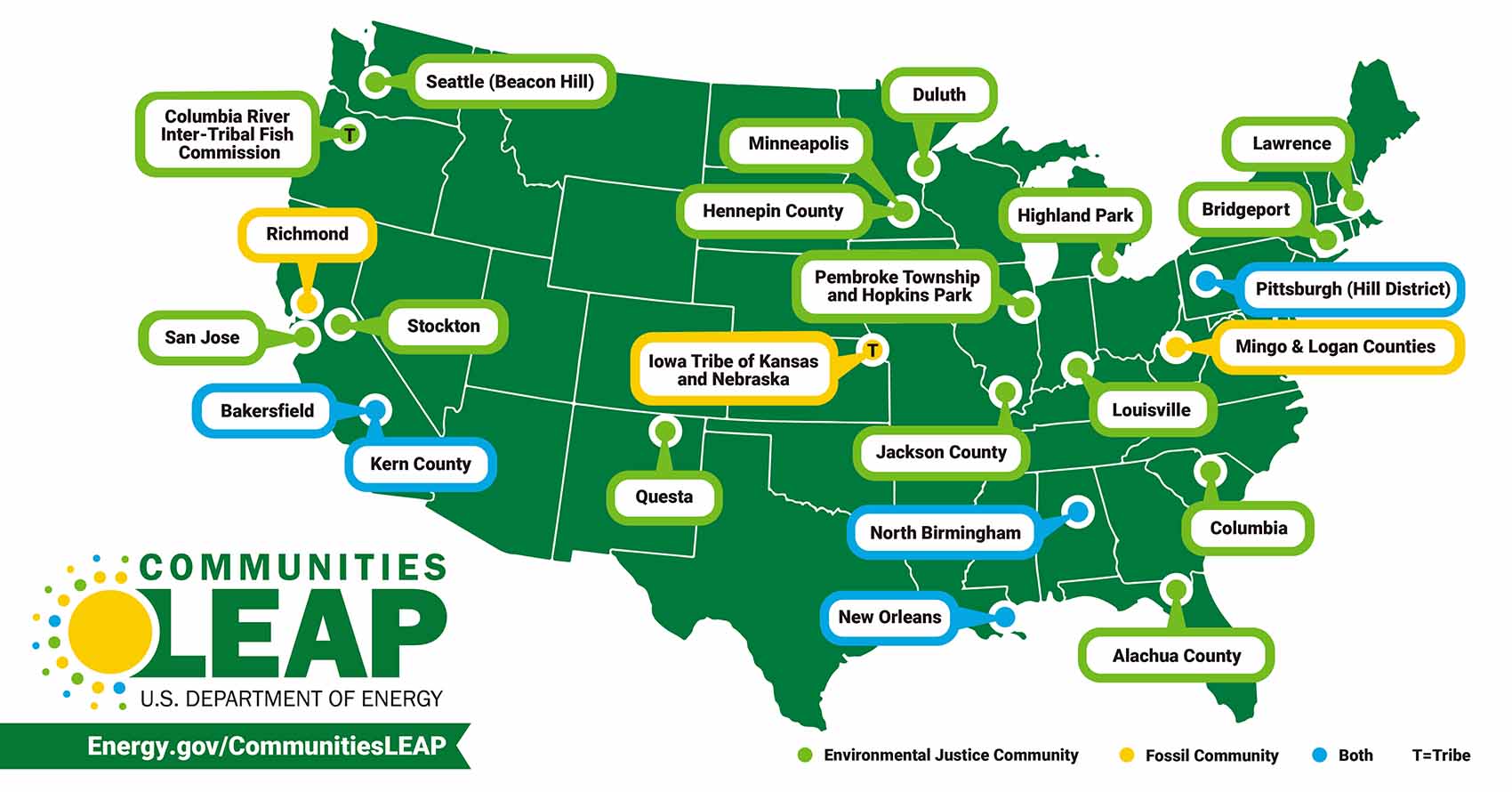 A map detailing the 24 communities across 17 states that received technical assistance during the Communities LEAP pilot.