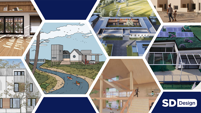 7 different zero energy design renderings showing building interiors and exteriors.