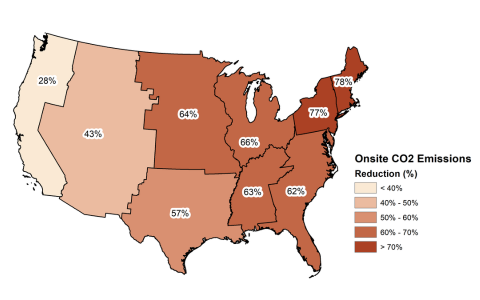 A map shows on-site CO2 Emissions Reduction potential, which is significant across the country and especially in New England.