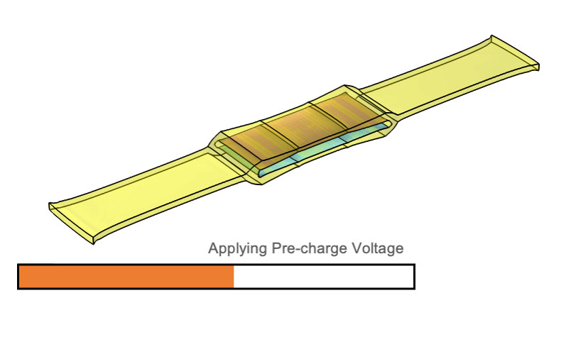 A flattened hexDEEC and a text box that says "Applying pre-charge voltage." Part of the text box is shaded orange to indicate progress.