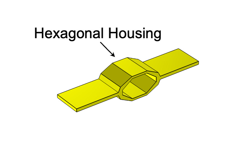 A graphic illustration of one hexDEEC energy generator with an arrow pointing to its hexagonal center with a text label, "Hexagonal Housing"