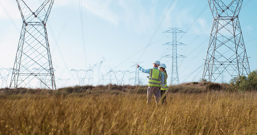 Two people standing in between rows of power lines.