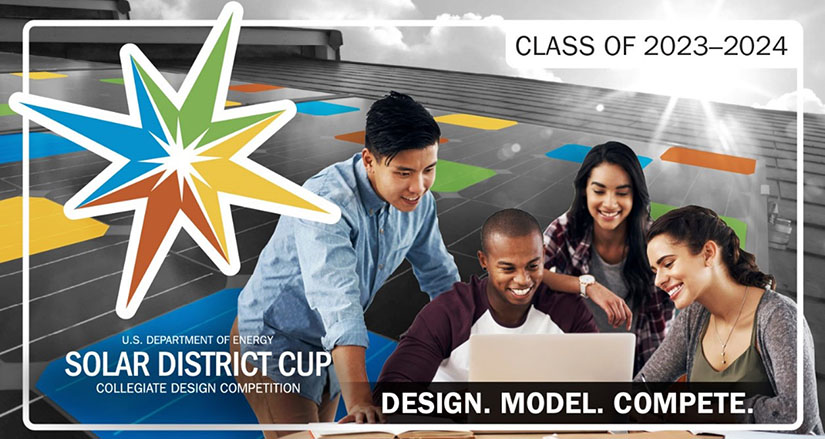 Solar District Cup Class of 2023-2024 text overlay on a photo of four people smiling and looking at a laptop.
