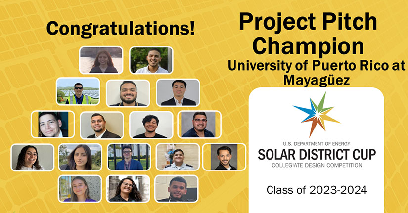 17 pictures of smiling students against a background of gold-hued solar panels.