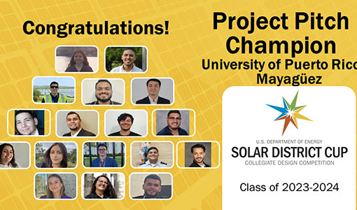 17 pictures of smiling students against a background of gold-hued solar panels.