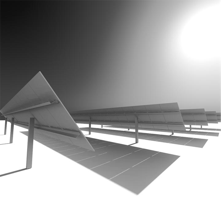 Rows of PV modules and their shadows created by the sun.