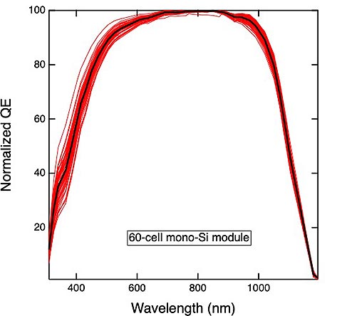 A graph shows the results of test on a 60-cell silicon module. A bundle of red lines arching across the graph. The x-axis is labelled wavelength and the y-axis is labelled normalized QE.