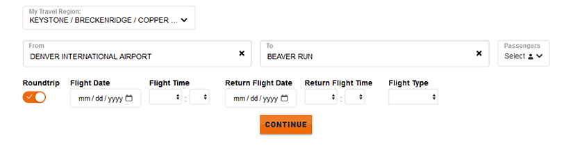In the My Travel Region field, select Keystone/Breckenridge/Copper; In the From field, select Denver International Airport; in the To field, select Beaver Run.
