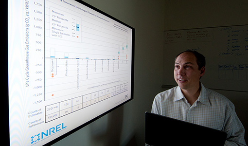 An NREL scientist works on data from his life cycle greenhouse gas emissions study