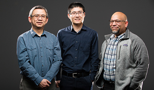 Co-authors of the paper, "On-Device Lead Sequestration for Perovskite Solar Cells." Left to right, Kai Zhu, Fei Zhang and Joe Berry.