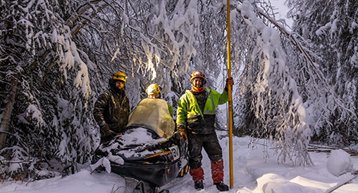 Three people stand around snowmobile in forest