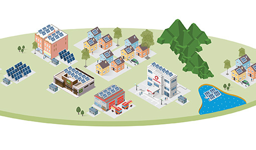 Graphic illustration of two with commercial and residential buildings, a wind and solar farm, a marine solar farm, and trees and mountains.