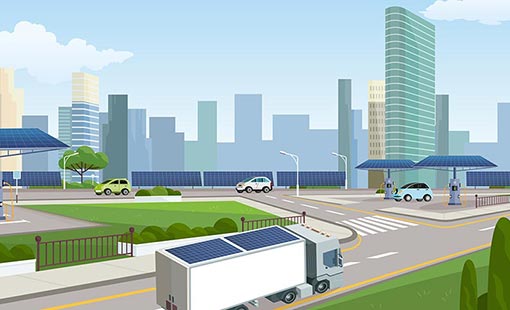 A cartoon image of a city street with a truck driving by with a solar panel on the room and cars under solar charging stations.