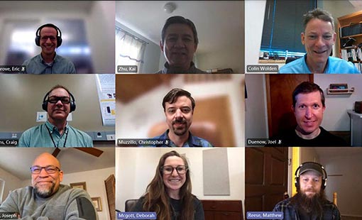Photo of nine researchers in a 3X3 grid pattern, taken from a Microsoft Teams video call.