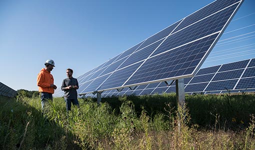 Two people standing next to large, ground-mounted photovoltaic arrays.