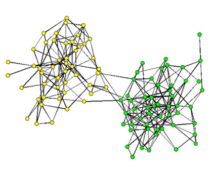 An image shows a representation of a social network model: two clusters of nodes, representing agents in the model, intra-connected by lines (with a few lines crossing between the clusters).