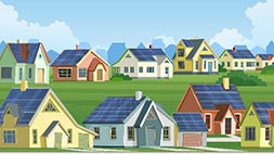 Illustrated graphic of multiple house in a neighborhood with solar panels on rooftop