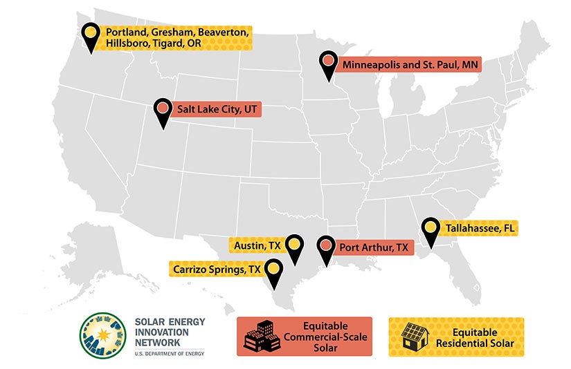 Map of the United States pointing to the eight teams selected for Solar Energy Innovation Network Round 3. These teams represent either equitable commercial-scale solar or equitable residential solar. 