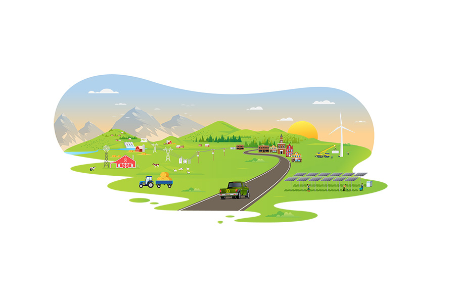 An illustration of a rural landscape with a farm, road, mountains in the distance, sunshine, wind turbines, and solar panels.