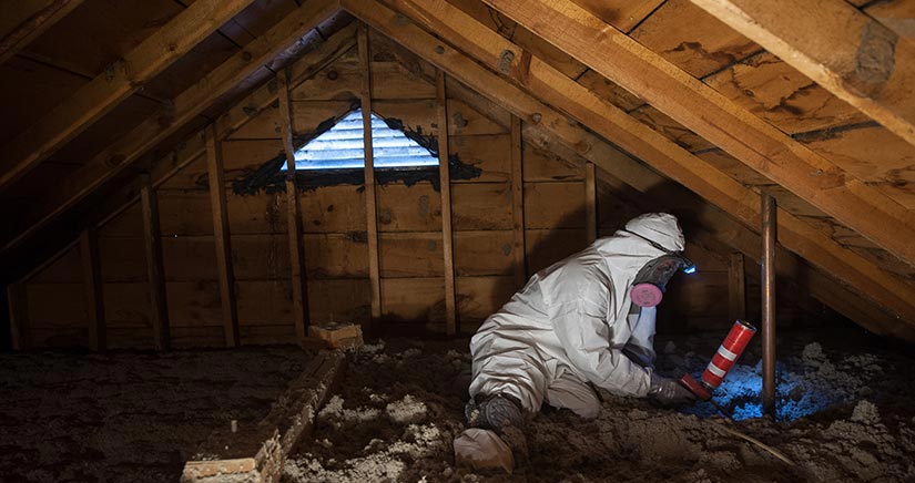 Man in attic inspecting and installing materials for weatherization.