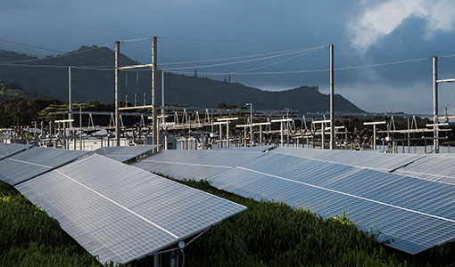 Ground-mounted solar PV array under stormy sky