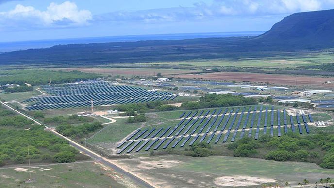 An aerial image of a solar array on the Hawaiian island of Kauai