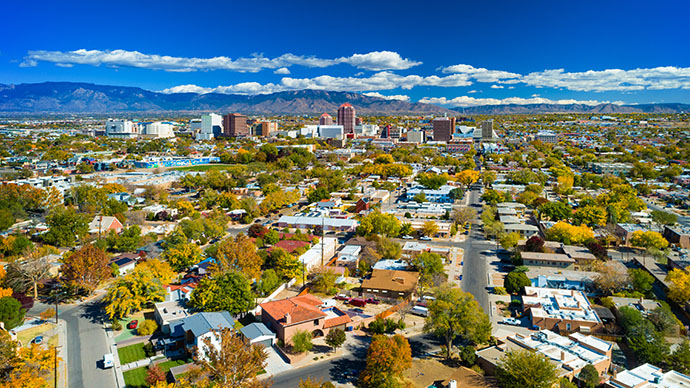 An aerial view of the city skyline of Albuquerque, New Mexico