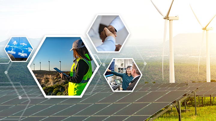 Pictures of shaking hands, a person in a field, a person pointing at a screen, and a graphic on top of an image of turbines and solar panels in a field.