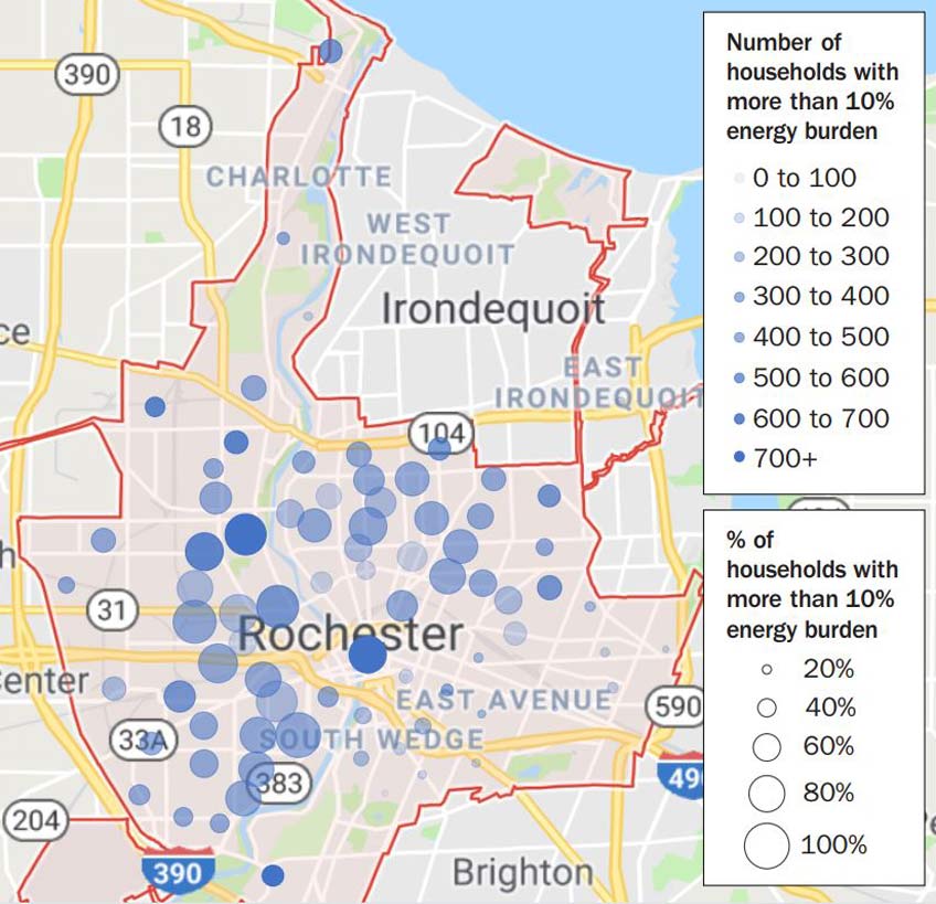 Map of estimated number of housing units with greater than 10% energy burden by U.S. Census tract in Rochester, New York