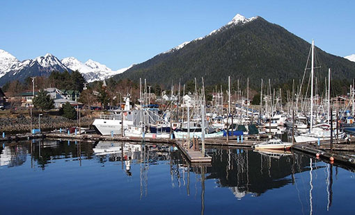 Harbor with boats, homes and mountains