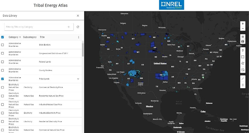 Screenshot of the Tribal Energy Atlas geospatial tool, which highlights energy resources on tribal lands on a map of the United States