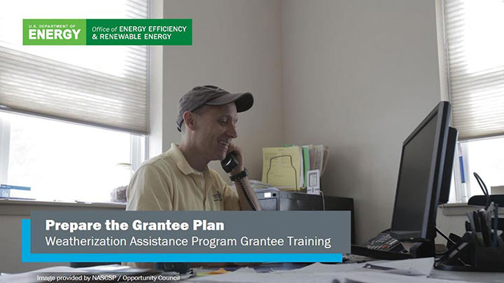 A man on the phone with text "Prepare the Grantee Plan" and DOE logo.