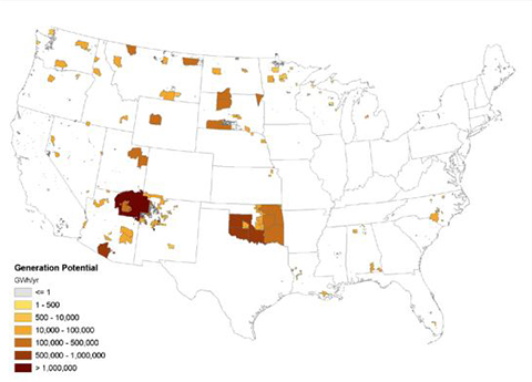 A map of the United States with Tribal boundaries highlighting solar energy generation potential