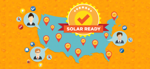 An illustration of the United States on an orange background with icons of people over the map saying "solar ready."