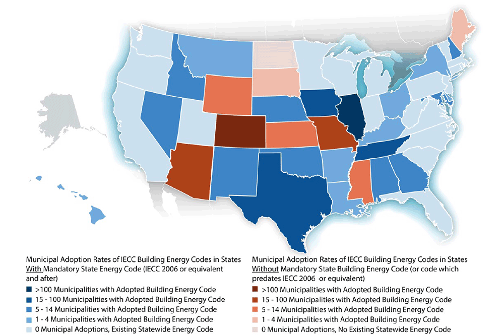Map of municipal adoption rates of IECC building energy codes by state