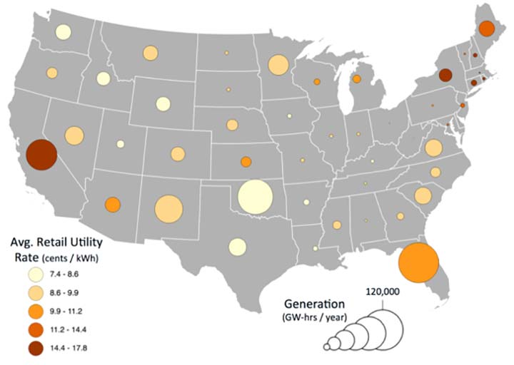 U.S. map showing the potential water body surface for floating photovoltaic systems and land prices.