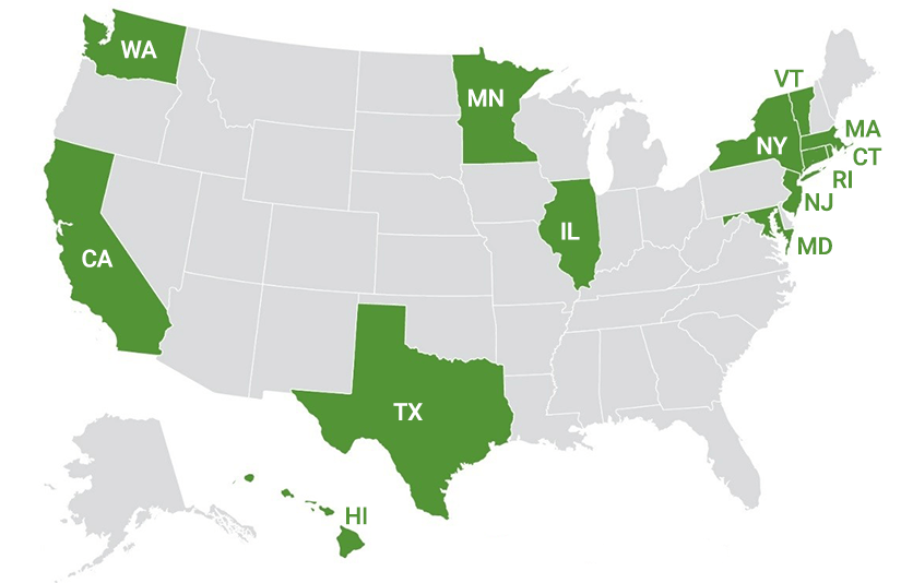 A U.S. map showing states that have microgrid-related policies, which are California, Washington, Minnesota, Texas, Illinios, Hawaii, New York, Vermont, Massachusetts, Rhode Island, Connecticut, New Jersey, and Maryland.