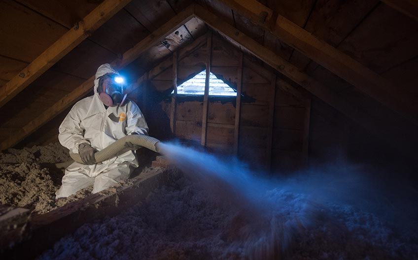 A weatherization professional inspects and insulates an attic.