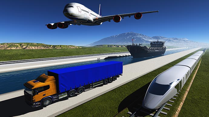 Illustration featuring an airplane flying, a ship on the water, a semi-truck on a highway, and a train on tracks, all heading the same direction.