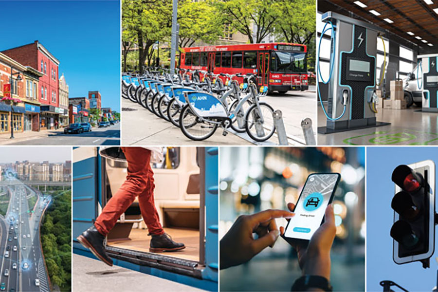 Collage with a town street, bus, e-bikes, EV chargers, a highway, person stepping on a subway, mobile phone displaying transportation app, and a streetlight.