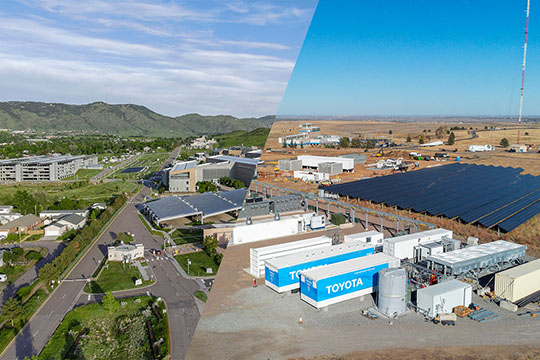 Aerial view of an town with mountains combined with an aerial view of an industrial site with solar panels.